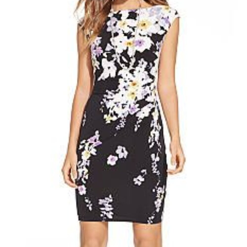 Lauren‎ Ralph Lauren Womens Black Floral Print Dress Ruched Party Wedding Size 8
